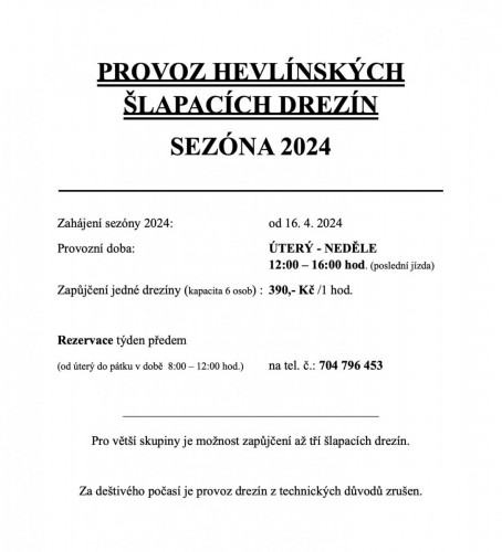 Hevlínské drezíny - provoz 2024