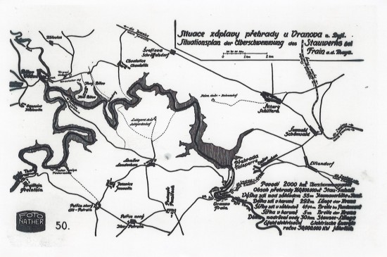 Schématická mapka, zobrazující co všechno bude zatopeno Vranovskou přehradou, vyšla v dobovém tisku v roce 1934. A hned roku 1935 vyšla propagační publikace, která informovala čtenáře o přípravě stavby, jejím průběhu a využití Vranovské přehrady. Dnes bychom ji asi označili za 